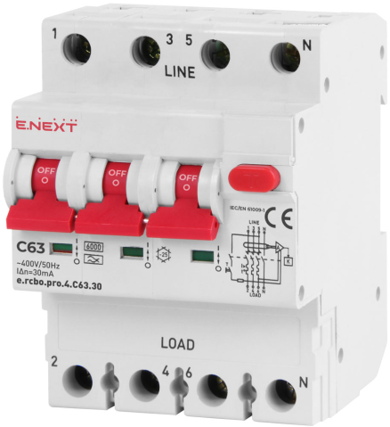 ДЕФЕКТНОТОКОВА ЗАЩИТА ДТЗ СЪС ЗАЩИТА ОТ СВРЪХТОКОВЕ, 3P+N, 63А, С, ТИП А, 30MA, E.RCBO.PRO.4.C63.30