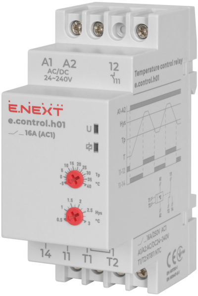 РЕЛЕ ЗА КОНТРОЛ НА ТЕМПЕРАТУРА С ВЪНШЕН ДАТЧИК, 16A, 24..240АС/DC, -5…+40°С, E.CONTROL.H01