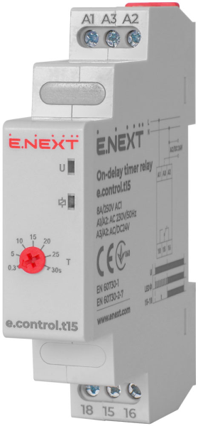 РЕЛЕ ЗА ВРЕМЕЗАКЪСНЕНИЕ НА ВКЛЮЧВАНЕ 0.3-30СЕК, 8А, 24VDC/220VAC, E.CONTROL.T15